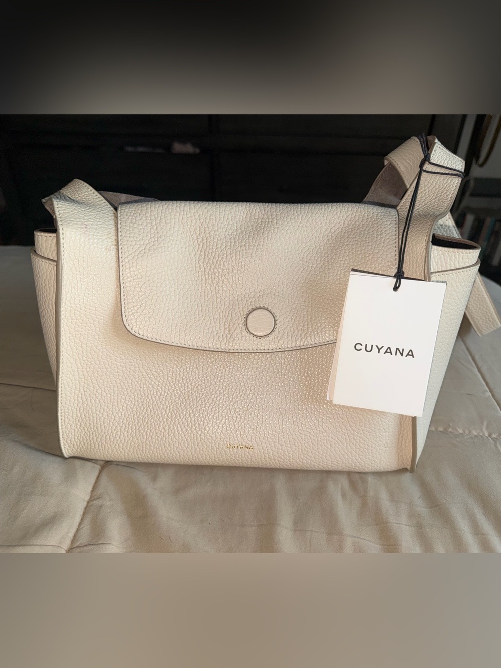 Cuyana mini double loop bag ecru pebbled leather crossbody nwt never worn